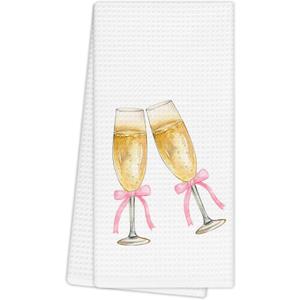 EGBTL Coquette Pink Bow Champagne Kitchen Towels, Champagne Accessories Hand Towels for Home Bar Cart Bartender Decor, Wine Lover Gifts Dishcloths Dish Towel for Kitchen 16x24 Inches