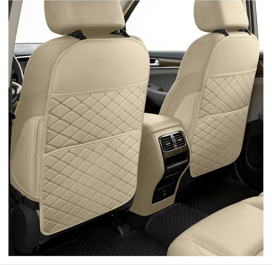 Seat Back Protectors for Kids, Car Kick Mats for Back of Front Seats with Large Pocket Organizer, Waterproof, Protects Against Dirt, Scuffs & Scratches, Fits Most Vehicles, 2PCS (Beige)
