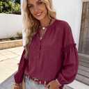 Womens V Neck Button Down Tops Puff Long Sleeve Tunic Blouse Dressy Loose Fit Basic T Shirt Business Casual Work Tops (Medium, Wine)