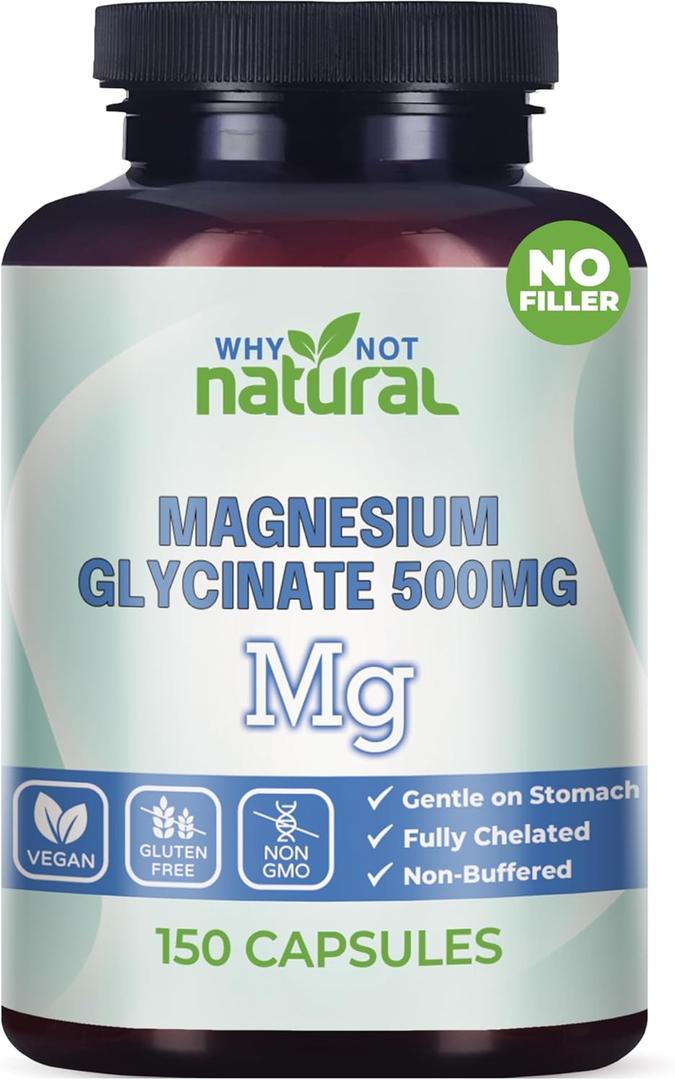 Why Not Natural Magnesium Glycinate 500 mg Capsules Supplement - Vegan, No Filler - Supports Sleep and Relaxation, (EXP 6/2028)