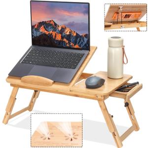 Adjustable Bamboo Laptop Desk with Cooling Fan, Foldable Bed Tray for Breakfast, Writing, and Drawing, with Tilting Top and Drawer, Portable Lap Desk for Bed, Sofa, and Floor 