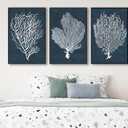 Large Framed Coral Wall Art - Navy Blue Coastal Wall Decor Painting 16"x24" Set of 3 Minimalist Beach Wall Art Prints Rustic Ocean Coral Canvas Pictures for Living Room Bedroom Office Artwork, 16"x24"x3 Framed