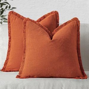 MIULEE Fall Decorative Throw Pillow Covers Neutral Linen Fringe Throw Pillows Set of 2 Burnt Orange Boho Farmhouse Cushion Covers with Tassels for Couch Sofa Bed Living Room Home Decor 18x18 Inch