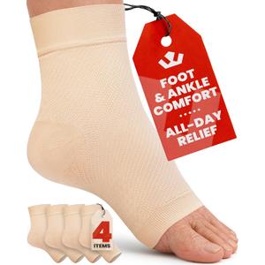 KEMFORD Ankle Compression Sleeve - 2-Pairs, Plantar Fasciitis Braces - Open Toe Compression Socks for Swelling, Sprain, Neuropathy, Foot Arch Support for Men and Women - 20-30mmhg, L, Beige