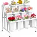 Flower Display Stand with 12 Buckets, 3 Layers Flower Cart White Metal Flower Bar Stand with Wheels, Moving Florist Bouquet Shelf for Indoor Outdoor Patio Garden Weddings Florist Living Room