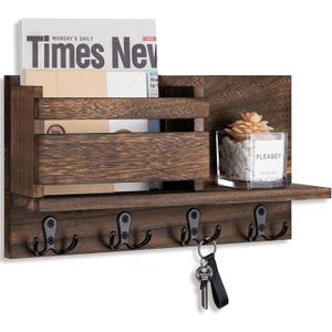 Key and Mail Holder for Wall Decorative - Rustic Mail Organizer Wall Mount, Wooden Letter Sorter Organizer with 4 Key Rack Hooks for Hallway Kitchen Farmhouse Decor (Brown)