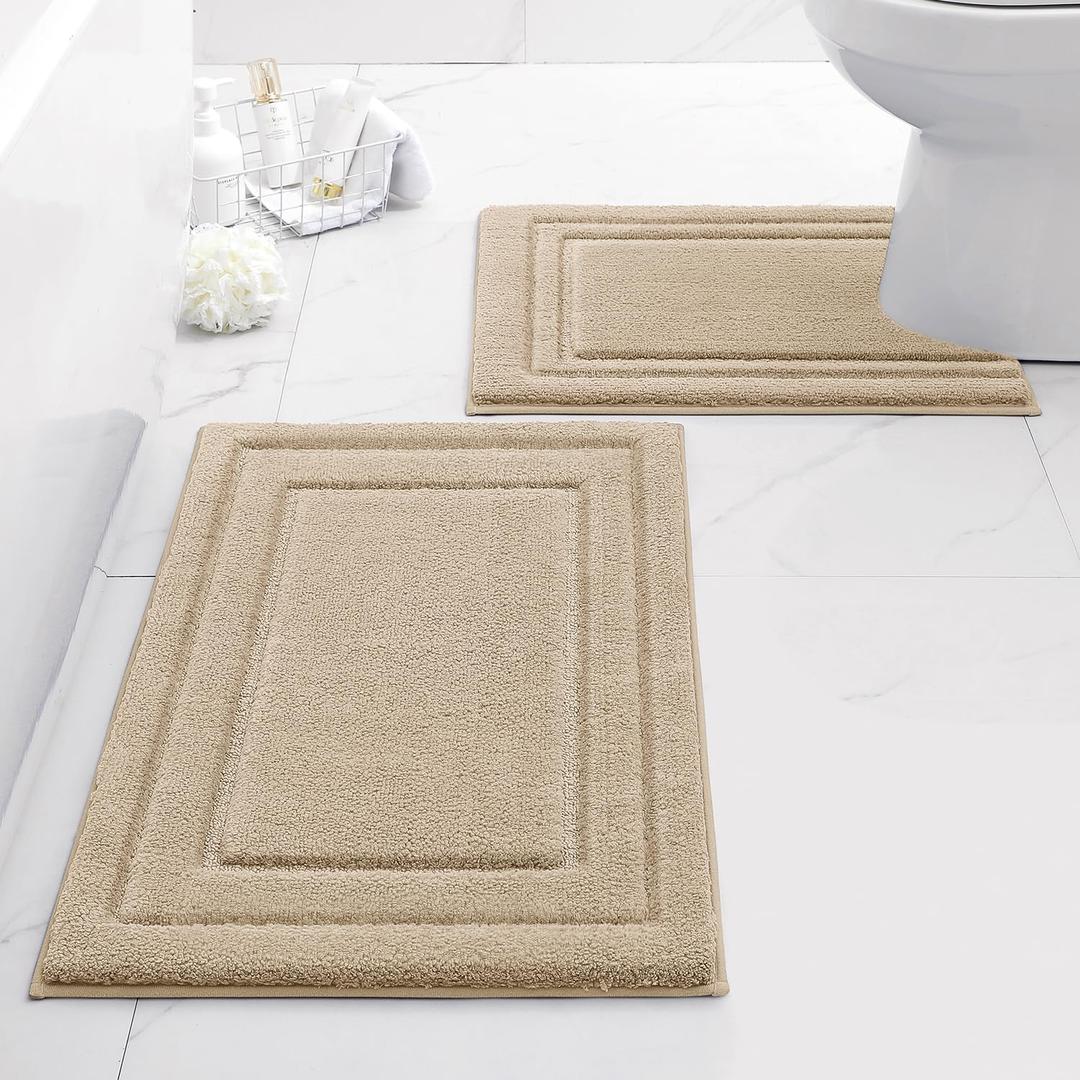 HOMEIDEAS Bathroom Rugs Sets 2 Piece, Super Soft and Absorbent Non Slip Microfiber U-Shaped Toilet Bath Mat Set (20"x32"+U20 x24, Beige)