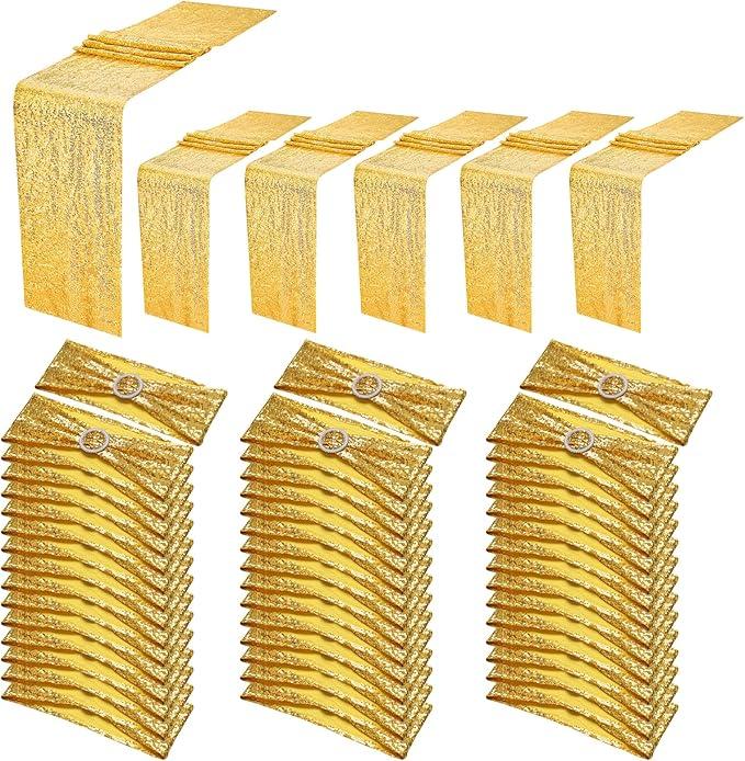 54 Pieces of Gold Sequin Chair Ribbons and Table Runners, 48 ​​Sequin Chair Bows, 6 Glitter Table Runners, Suitable for Wedding Parties Birthday Meeting Events Decorations (Gold)