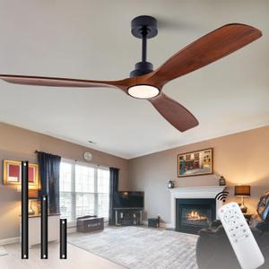 60" Wood Ceiling Fan with Lights Remote Control, Quiet DC Motor 3 Blade Ceiling Fans for Patio Living Room, Bedroom, Office, Indoor Outdoor, Black/ Walnut