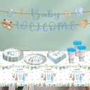 142pcs Greenery Gender Reveal Baby Shower Supplies Party Boho Greency Party Decorations Tableware Set Dessert Plates Napkins Forks for 20 Guests (Blue)