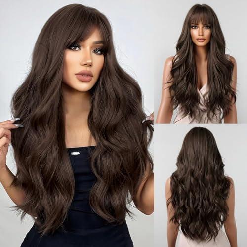 YOUGRACE Dark Brown Wig with Bangs, Wavy Wigs for Women Synthetic Hair Wig for Daily Party Use 26 Inch