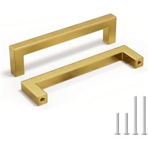 homdiy 4.5 Inch Gold Cabinet Pulls 6 Pack Brushed Brass Cabinet Pulls Gold Kitchen Handles Square Cabinet Hardware for Cupboard Doors