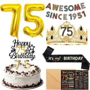 75th Birthday Decorations for Men - Vintage 1951 Birthday Supplies with Banner, Crown, Sash, Cake Topper, Gold 75 Number Balloons, Card with Envelope, 75 Year Old Party Decor Set for Him