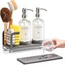 Kitchen Soap Dispenser Set with Drying Tray 16oz Glass Bottles with Stainless Steel Pumps, Sink Organizer Caddy with Brush Holder & Non-Slip Feet All-in-One Dish & Hand Soap Station