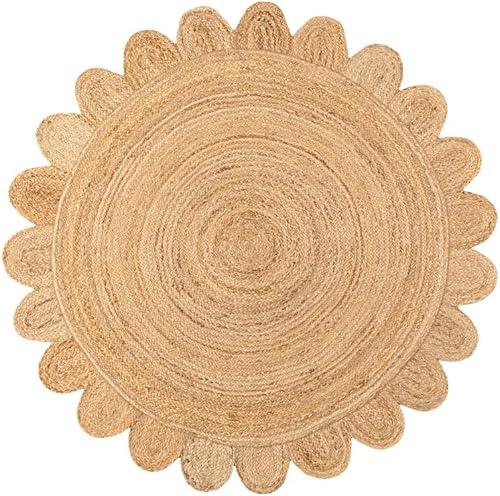 Jaipur Weaver Group 2x2 Ft Feet Natural Jute Scallop Round Rug, Scalloped 'Natural' Edge Color Braided Reversible Rivo Rug Boho Large Circular Handmade Area Rugs, MERN-1-2x25