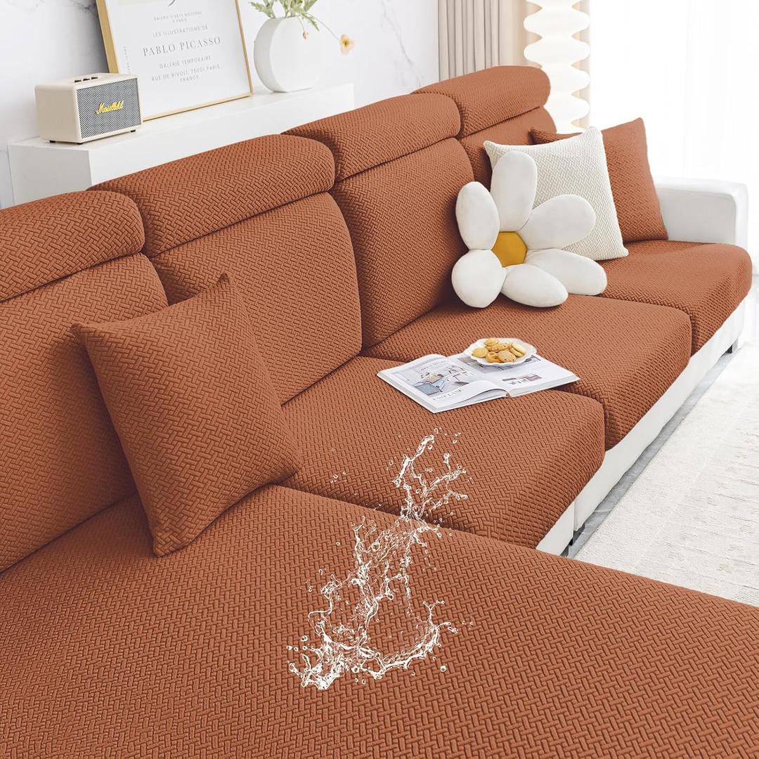 Smiry Waterproof Couch Cushion Covers, Stretch Jacquard Sectional Couch Covers, L Shape Chaise Lounge Sofa Slipcover, Washable Elastic Furniture Protector for Pets, Kid (Chaise Cover, Rust)