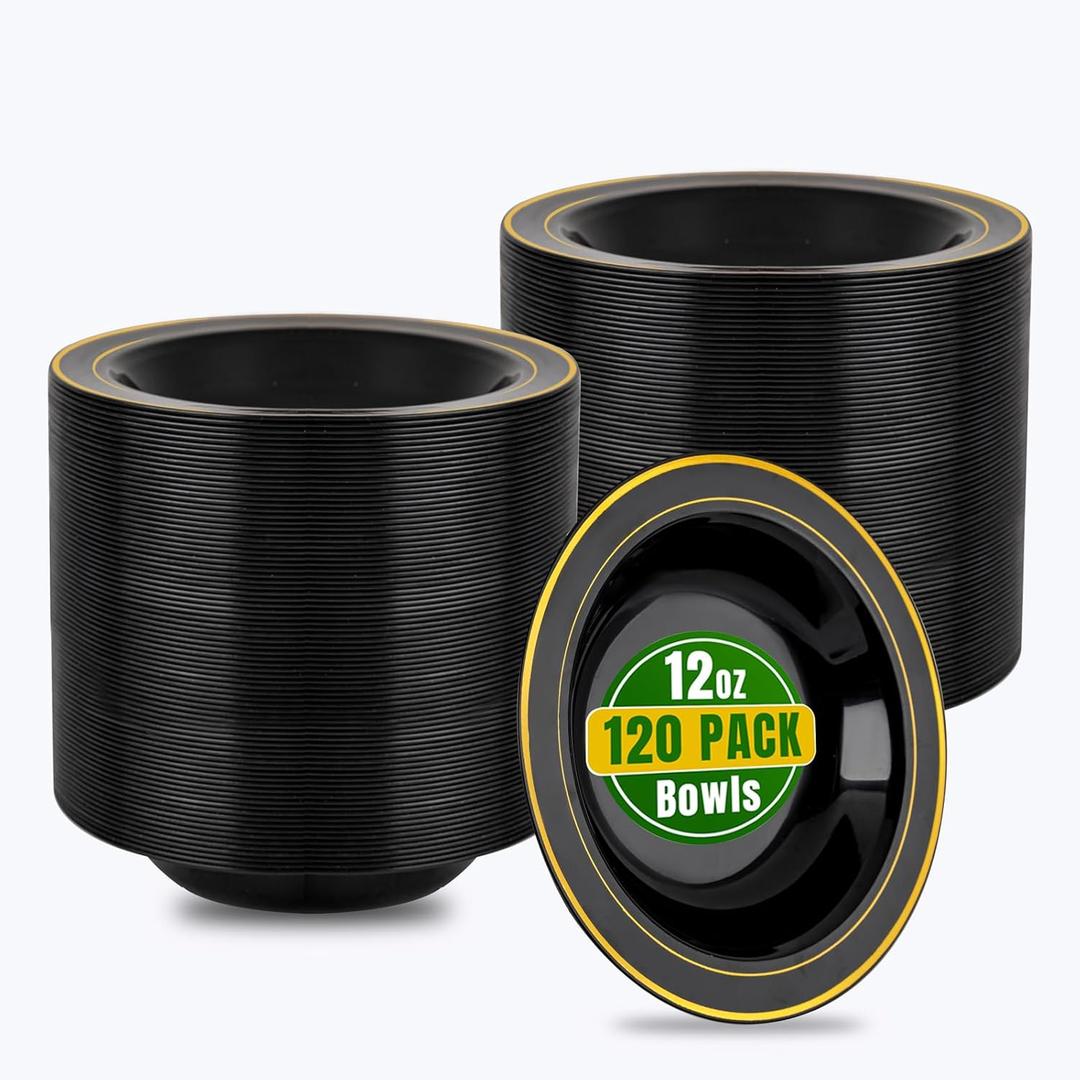 BUCLA 120 Pack Disposable Plastic Bowls 12oz - Black with Gold Trim Plastic Party Bowls for Salad, Soup, Dessert, Picnic, Catering, Ideal for Party & Graduation