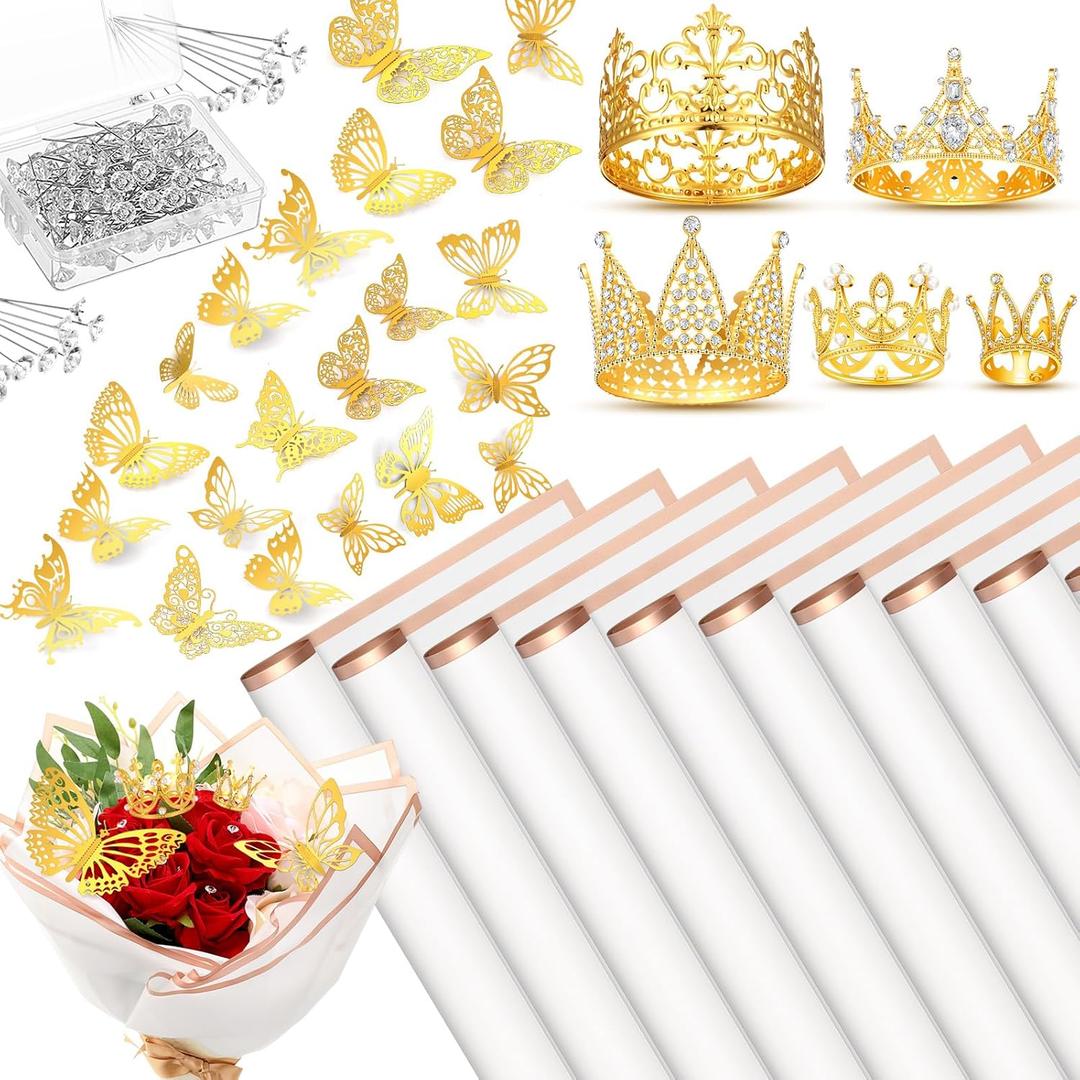 Seajan 193Pcs Graduation Flower Bouquet Accessories, 40 Flower Wrapping Paper 5 Mini Crowns 48 3D Gold Butterfly Wall Decor and 100 Corsage Bouquet Pins for Women Graduation Wedding Birthday(White)