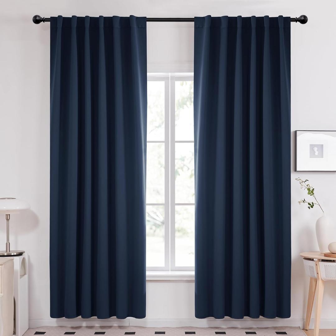 Deconovo Solid Back Tab and Rod Pocket Curtains Blackout Curtains Thermal Insulated Drapes Room Darkening Curtains for Living Room 52Wx84L Inch Navy Blue 2 Panels (52"W x 84.3"L (Pack of 2))