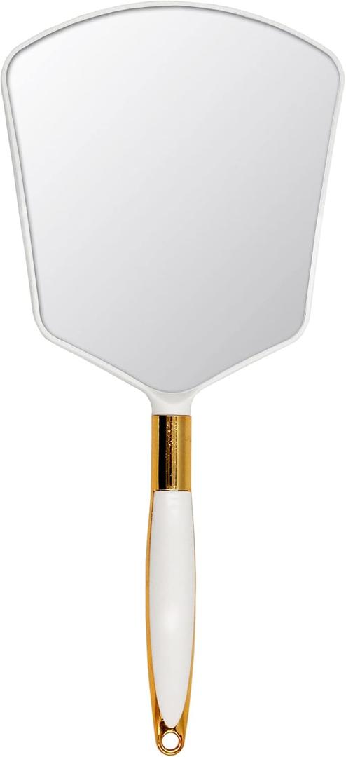 Eaoundm Hand Held Mirror with Handle, Makeup Hand Mirror with Hook Hole for Bathroom and Bedroom, Barbers Haircut Mirror for Home and Salon (6 W X6.8 L inchs, White)