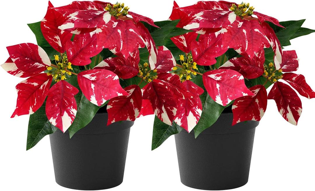 Mini Poinsettias Artificial Plants 2 Pack 9" Faux Small Christmas Flowers in Pot for Home Office Tabletop Indoor Christmas Decorations Red with White Spot