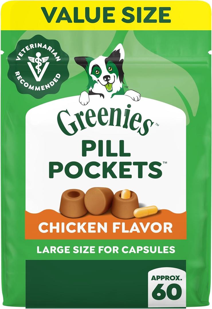 Greenies Pill Pockets for Dogs Large Size, Dog Treat Pouch for Capsule Medication, Chicken Flavor, 15.8 oz. Pouch (EXP 07/29/29)