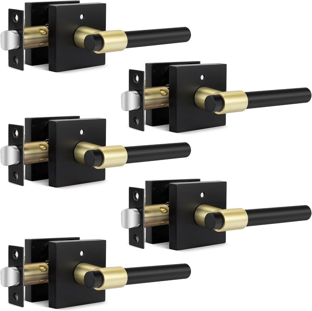 goldenwarm 5 Pack Black and Gold Interior Door Handles, Heavy Duty Privacy Door Handle Levers, Black and Gold Door Handles Interior for Bedroom and Bathroom(Square, Zinc Alloy)