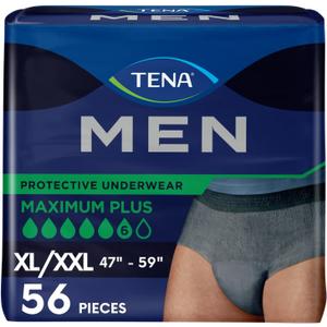 TENA Men Maximum Plus Incontinence Underwear, XL/XXL 47-59in, Gray, 56 ct,4 packs (Gray, XL)
