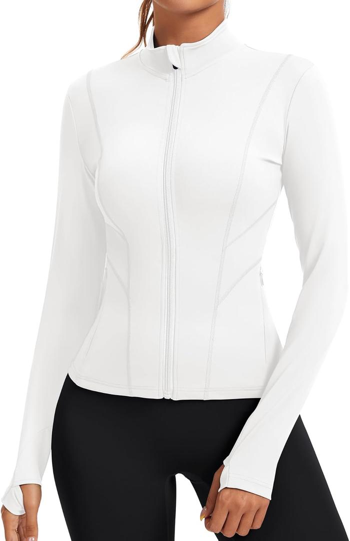 Rapbin Women's Slim Fit Workout Jackets Full Zip Long Sleeve Running Athletic Tops Yoga Shirts with Thumb Holes (White) S