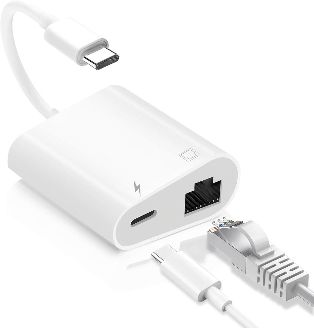 USB C to Ethernet Adapter, 2-in-1 USB C to RJ45 Ethernet Adapter with 60W Type C PD Charging Port Supports 100Mbps, LAN Network Compatible with iPhone 17/16/15, MacBook, Android