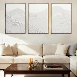 Anyzal Large White Textured Framed Wall Art 16x24 Inch Neutral Abstract Modern Canvas Wall Decor Gray Minimalist Ocean Waves Artwork for Living Room Bedroom Office Set of 3