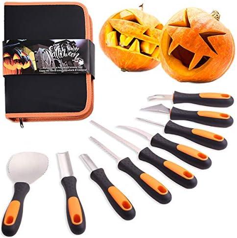 7Felicity Professional Halloween Pumpkin Carving Kit, Anti-Slip Rubber Handle, 9 Piece Stainless Steel Pumpkin Carving Tools Knife Set for Halloween DIY Decoration, with Storage Bag and Stencils