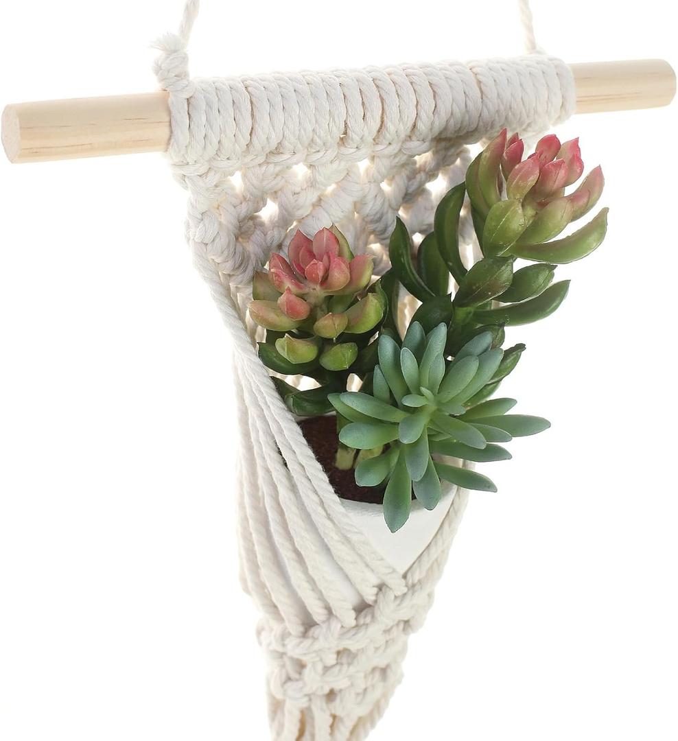 Macrame Wall Hanging with Artificial Succulent Plants, White Cotton Rope, Wooden Dowel, Boho Wall Decor (Succulent 1Pcs)