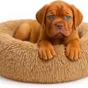 Calming Dog Bed - Fluffy Donut Cuddler for Anxiety Relief, Orthopedic Pet Bed with Non-Slip Bottom, Cozy Round Faux Fur Nest for Dogs and Cats, Plush Crate Mat for Comfort (Camel, Small)