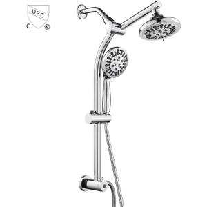 OUGOO Retrofit 2-Way Shower Head Combo, 8-Function Rainfall Shower Head with 9 Setting Handheld Shower Combo, Adjust Slide Bar and Shower Arm, 2.5 GPM, Drill-Free Shower System, Chorme