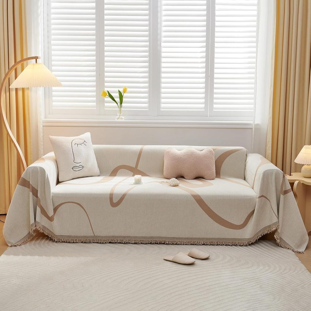 VClife Boho Couch Cover Beige Khaki Stripe Sofa Cover for Dog Washable Sofa Slip Cover for Sofa/Couch Chenille Couch Cover for 2 Cushion Couch Anti-Slip Sectional Sofa Cover Loveseat Cover (Large (71*118inch), 1# Chic Beige)