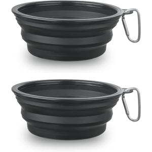Large Dog Bowl Pet Collapsible Bowls, 2 Pack Collapsible Dog Water Bowls for Cats Dogs, Portable Pet Feeding Watering Dish for Walking Parking Traveling with 2 Carabiners (Large, Black+Black)