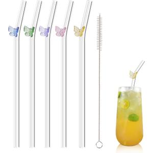 5 Pcs Reusable Straws Clear Glass Straws Colorful Butterfly Design Size 7.8" x 8mm with 1 Cleaning Brush for Smoothies, Milkshakes, Juices, Teas (Colorful Butterfly)