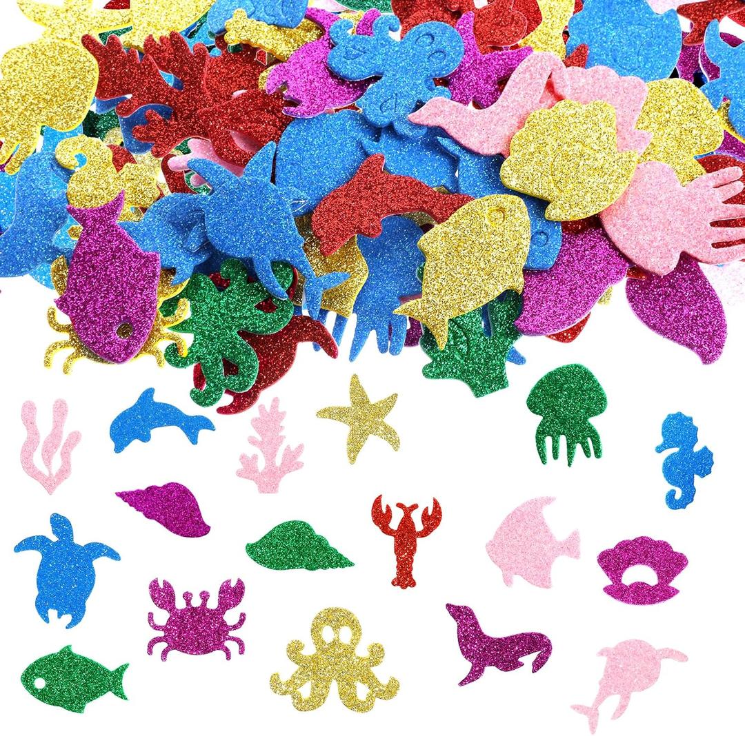 300 Pieces Glitter Sea Animal Foam Stickers Foam Colorful Self-Adhesive Sea Fish Sticker Ocean Animals Shapes Stickers Theme Party Supplies for Greeting Cards DIY Scrapbooking Decoration