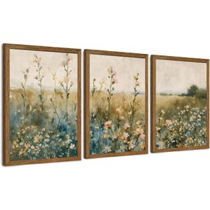 AVECCO 3 Pieces Framed Vintage Wildflower Canvas Wall Art, Nature Floral Artwork Wall Decor, Rural Botanical Art Prints for Bedroom Living Room Office Home Decoration Ready to Hang 16x24 Inch