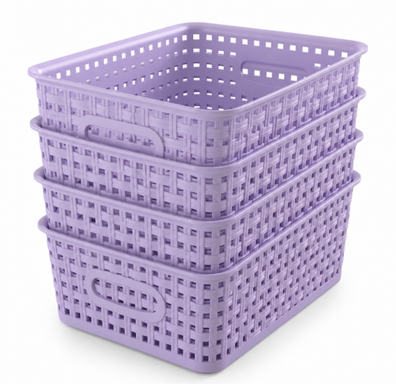 WYT 4-Pack Plastic Small Shelf Storage Weave Baskets Organizing for Cabinets and Pantries, Lavander 
Purple