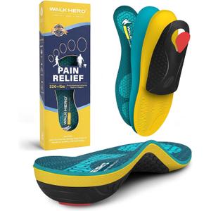 WalkHero Heavy Duty Arch Support Insoles, 220+lbs Plantar Fasciitis Orthotics Inserts for Pain Relief, Flat Feet Orthotic Inserts with Cushioning (Mens 12-12.5 | Womens 14-14.5, Coral Green)