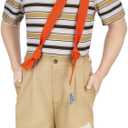 Adults Kids Costume Striped T-shirt Hat Straps Pants Outfit Halloween Cosplay Uniform Set (Medium)