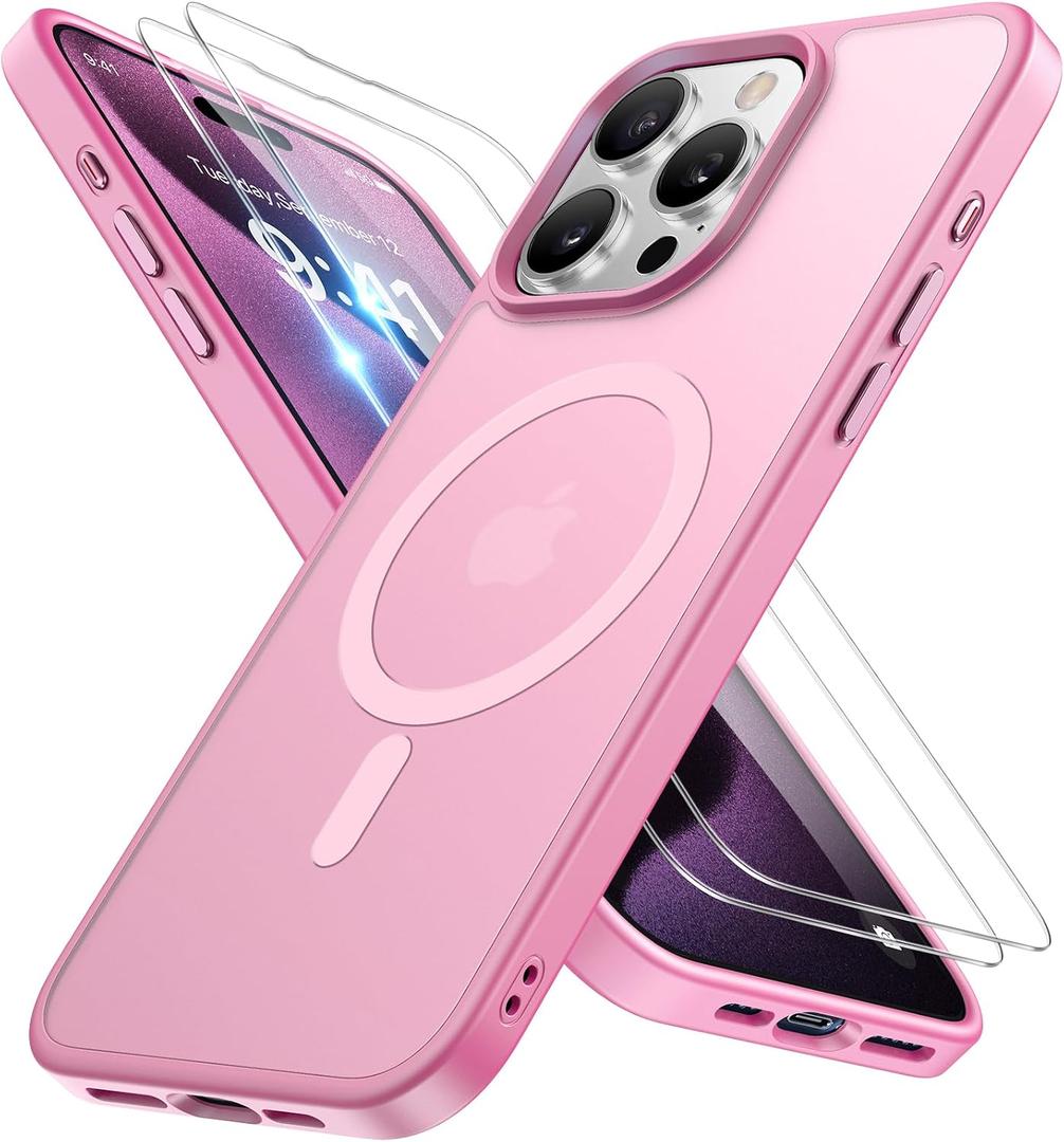 Miracase Magnetic for iPhone 15 Pro Case 6.1 inch (Compatible with MagSafe)with 2X Screen ProtectorsMilitary-Grade Protection, Anti-Fingerprint Translucent Matte Phone Cover, Mes Pink