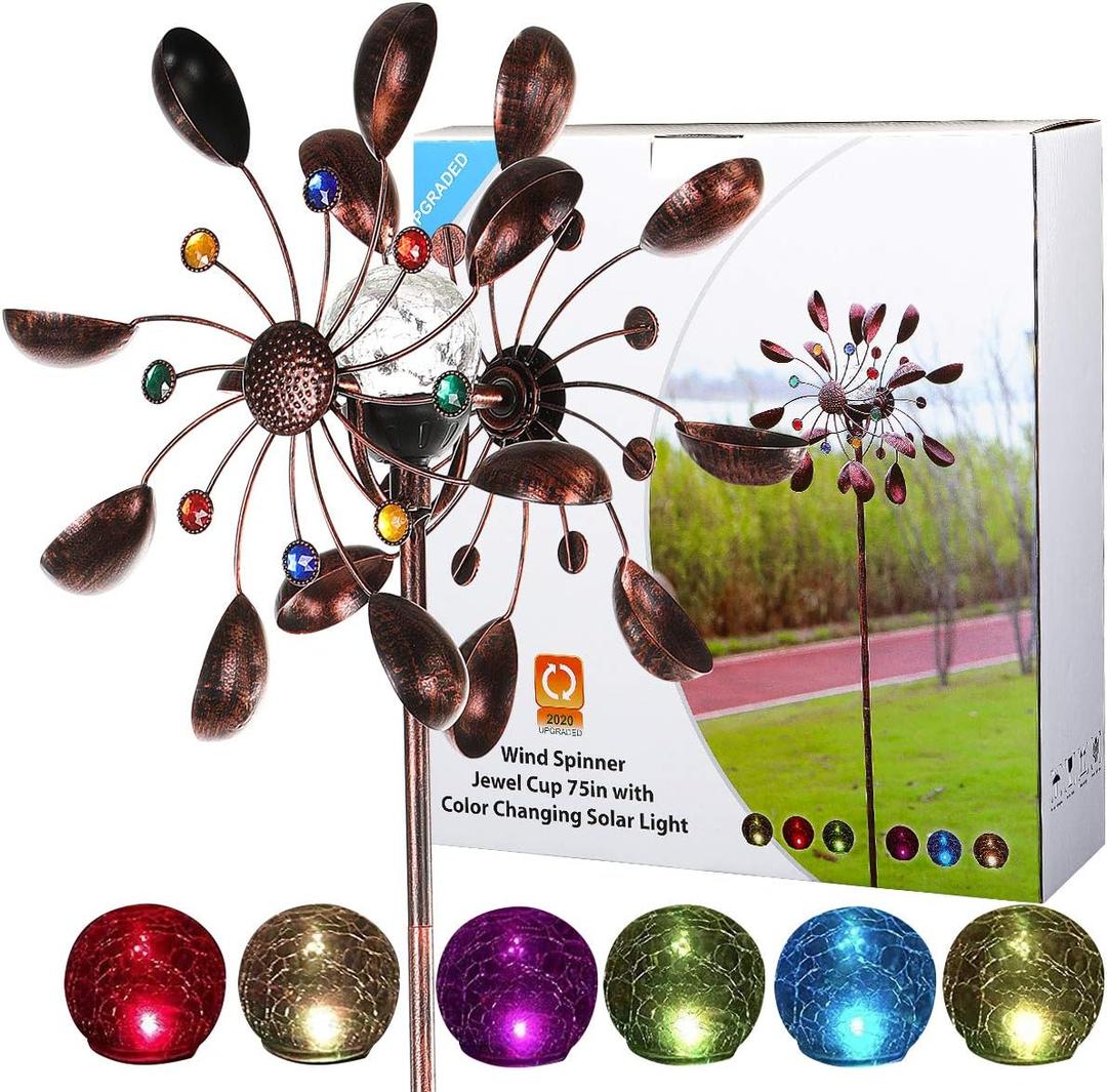 Solar Wind Spinner Multi-Color LED Lighting by Solar Powered Glass Ball with Kinetic Wind Aculptures Dual Direction Decorative Lawn Ornament Wind Mill.