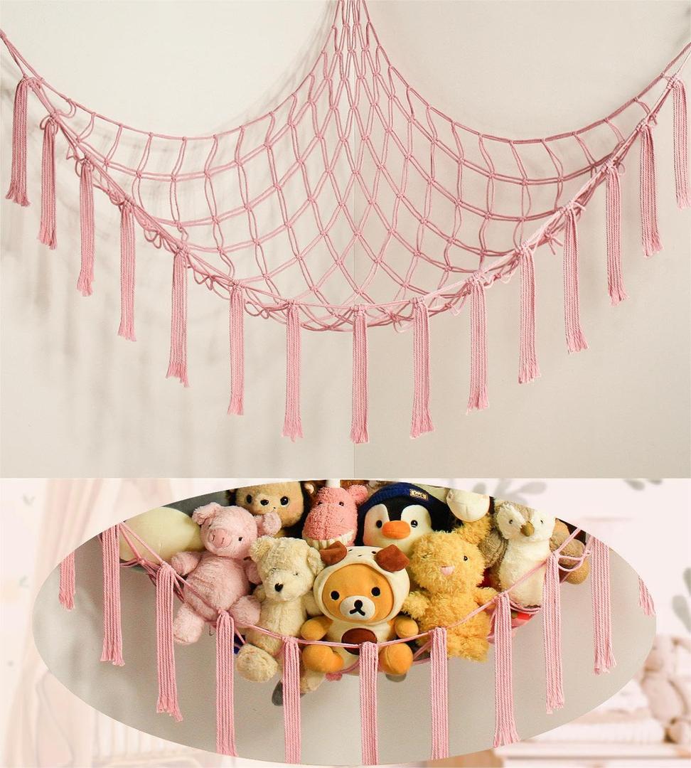 Stuffed Animal Storage Hammock Net - Toy Hammock Net for Stuffed Animals Corner - Hanging Stuff Animal Organizer Holder Large Pink Baby Nursery Room Decor (XL-Large, BabyPink)