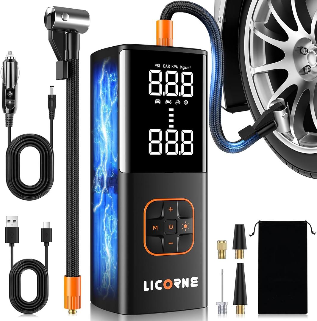 Tire Inflator Portable Air Compressor, 5X Faster Portable Air Pump for Car Tires with Powerful Battery, 180PSI Cordless Air Pump with Digital Pressure Gauge for Cars, Bike & Motorcycle Tires, Ball (Black)