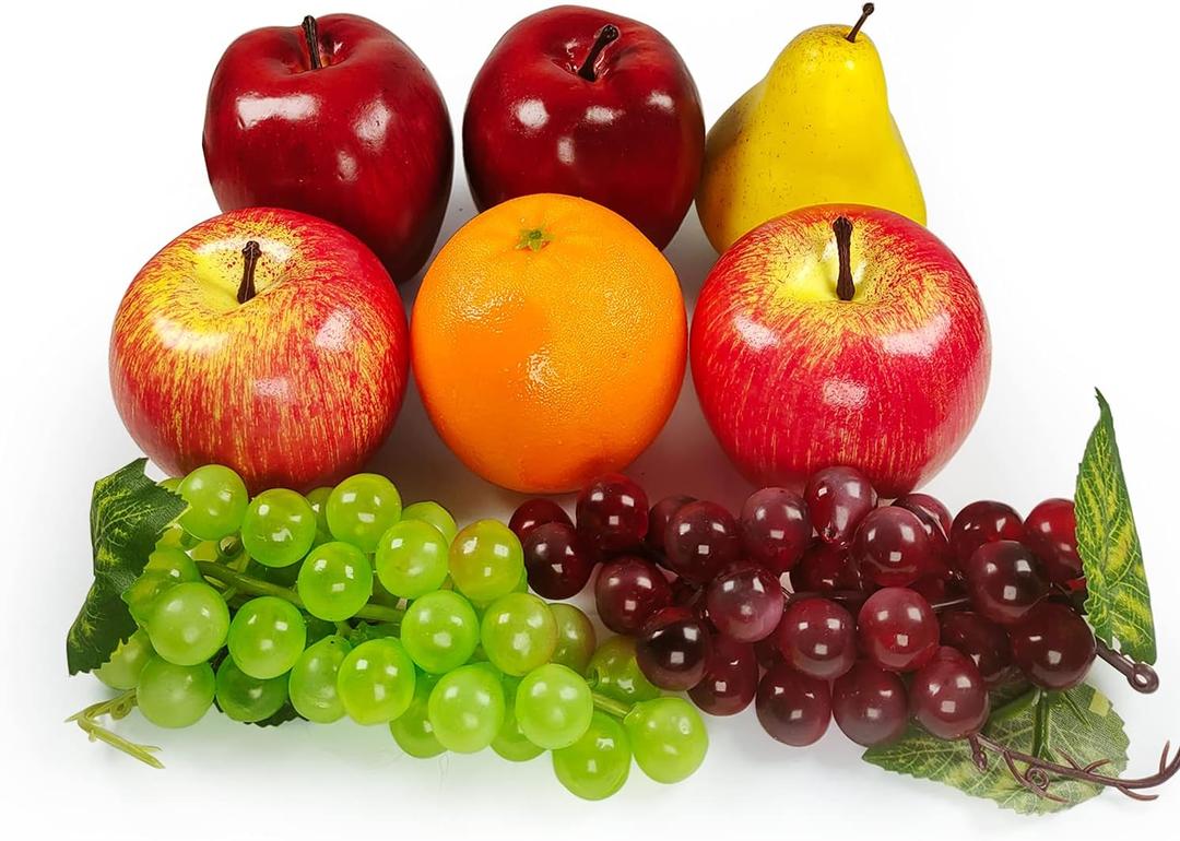 Artificial Fruits Pack, Fake Mixture Fruits for Home Decor, Simulation Fruit Set, Party Chirstmas Decortion, Faux Fruit Modle for Photoshoot, Artificial Apple Pear Grape Orange (6 Kinds,8 Pcs) (Life-sized)