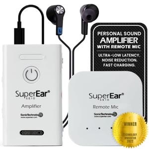 SuperEar10 Complete Set - Personal Rechargeable Sound Amplifier with Remote Microphone, Noise Cancelling & PSAP TV Headphone Amplifier, Personal Sound Amplification Device and Audio Accessories