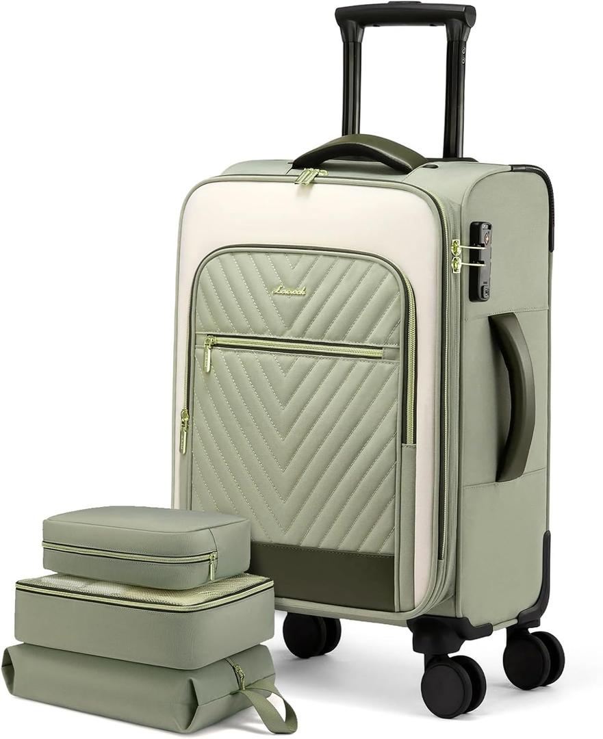 LOVEVOOK Carry On Luggage 22x14x9 Airline Approved,20 Inch Carry-on Suitcase for Women,Softside Suitcases with Wheels,Rolling Checked Luggage with TSA Lock,Lightweight Travel (Bean Green/Rice White)